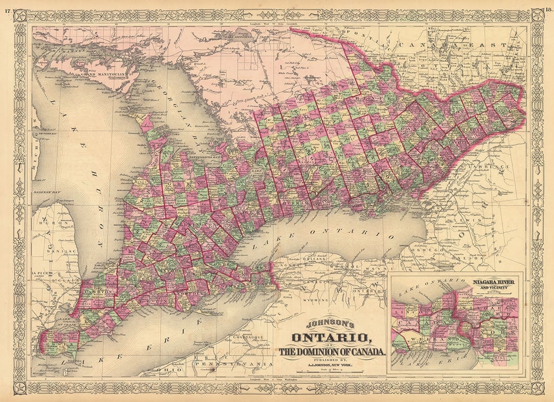 Johnson's Ontario, Or the Dominion of Canada.: Publication Date:1870 Title:Johnson's Ontario, Or the Dominion of Canada.,li>Cartographer:JOHNSON, ALVIN JEWETT Publisher:A.J. Johnson Brief Description:Inset of Niagara River and vicinity between Lak