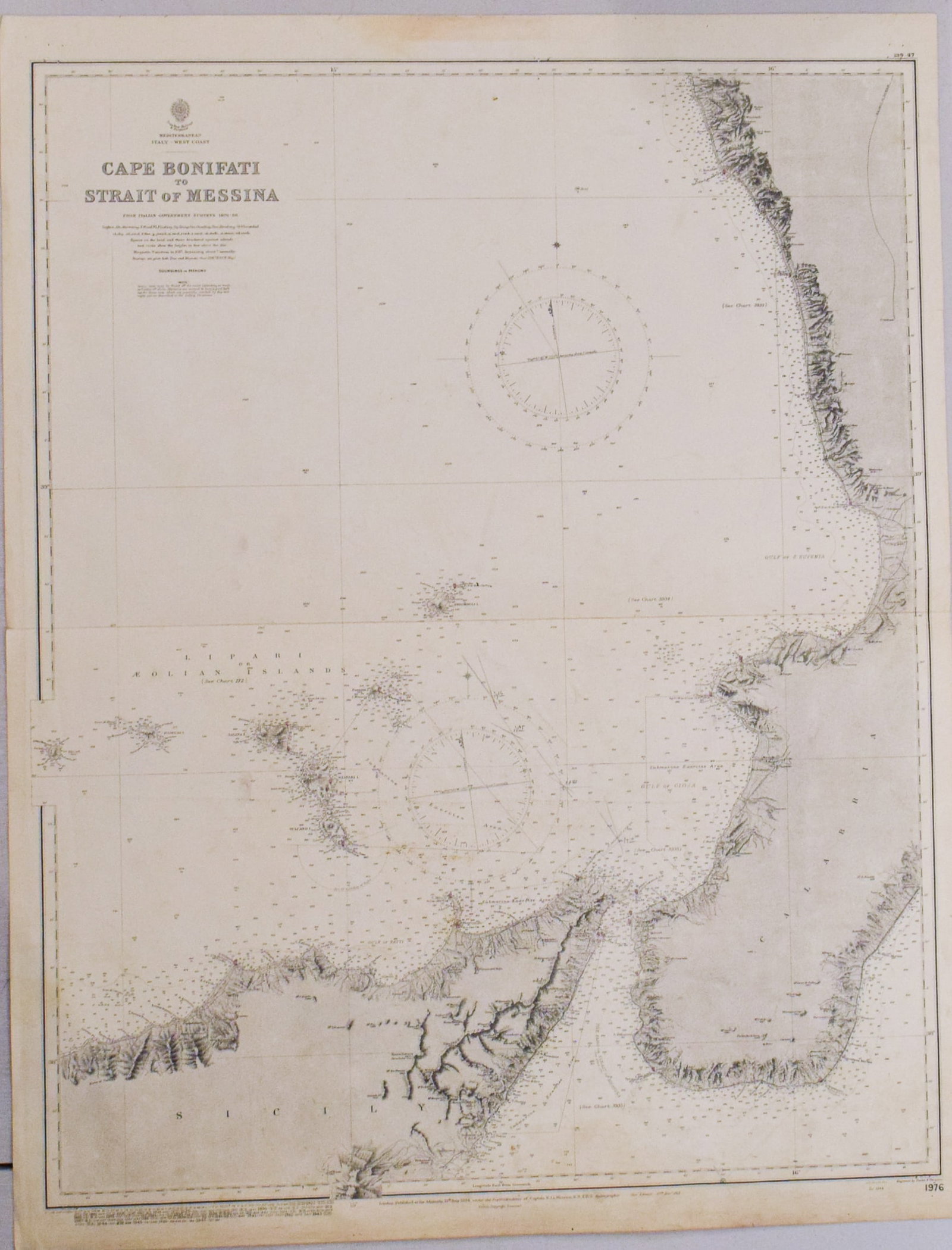 1876 (Updated in 1947) British Admiralty Nautical Chart of Southwest Coast of Italy from Cape: Title:1876 (Updated in 1947) British Admiralty Nautical Chart of Southwest Coast of Italy from Cape Bonifati to the Strait of Messina,li>Cartographer:British Admiralty Year/Place:1876 but 1947,