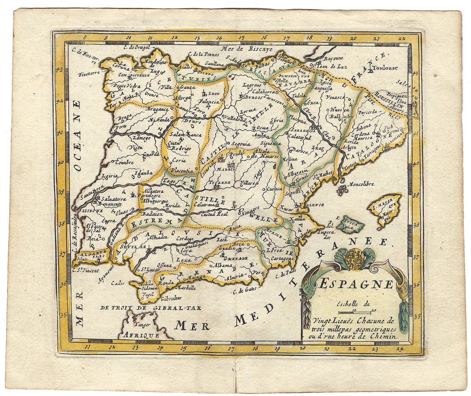 1692 Peeters Map of Spain and Portugal -- Espagne: Title:1692 Peeters Map of Spain and Portugal -- Espagne,li>Cartographer:J Peeters Year/Place:1692, Antwerp Map Dimension (in.):5.5 X 7.1 in. Description:This is an excellent map of the Iberian peninsu
