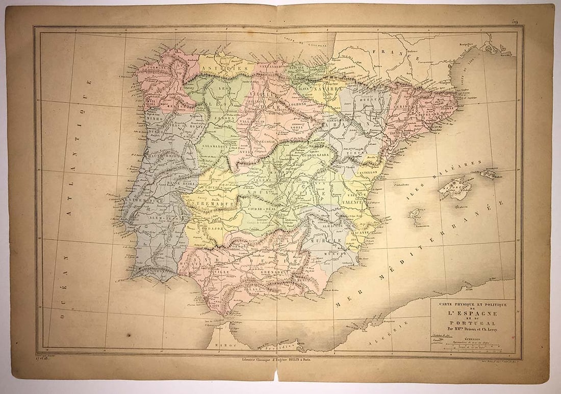 Carte Physique Et Politique De L'espagne Et Du Portugal: Publication Date:c1878 Title:Carte Physique Et Politique De L'espagne Et Du Portugal,li>Cartographer:DRIOUX, CLAUDE JOSEPH/CH. LEROY Publisher:EUGENE BELIN Brief Description:Soiled. Fold tear. Pencil
