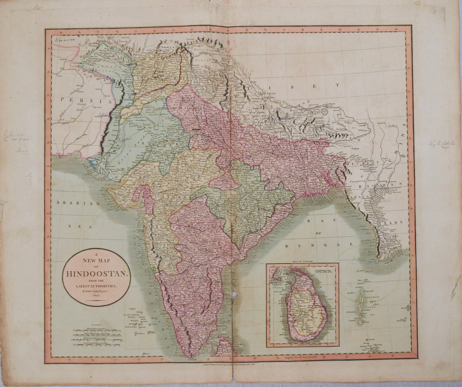 1806 Cary Map of India, Pakistan and Sri Lanka -- A New Map of Hindoostan, from the Latest: Title:1806 Cary Map of India, Pakistan and Sri Lanka -- A New Map of Hindoostan, from the Latest Authorities,li>Cartographer:J Cary Year/Place:1806, London Map Dimension (in.):18.1 X 20.2 in.