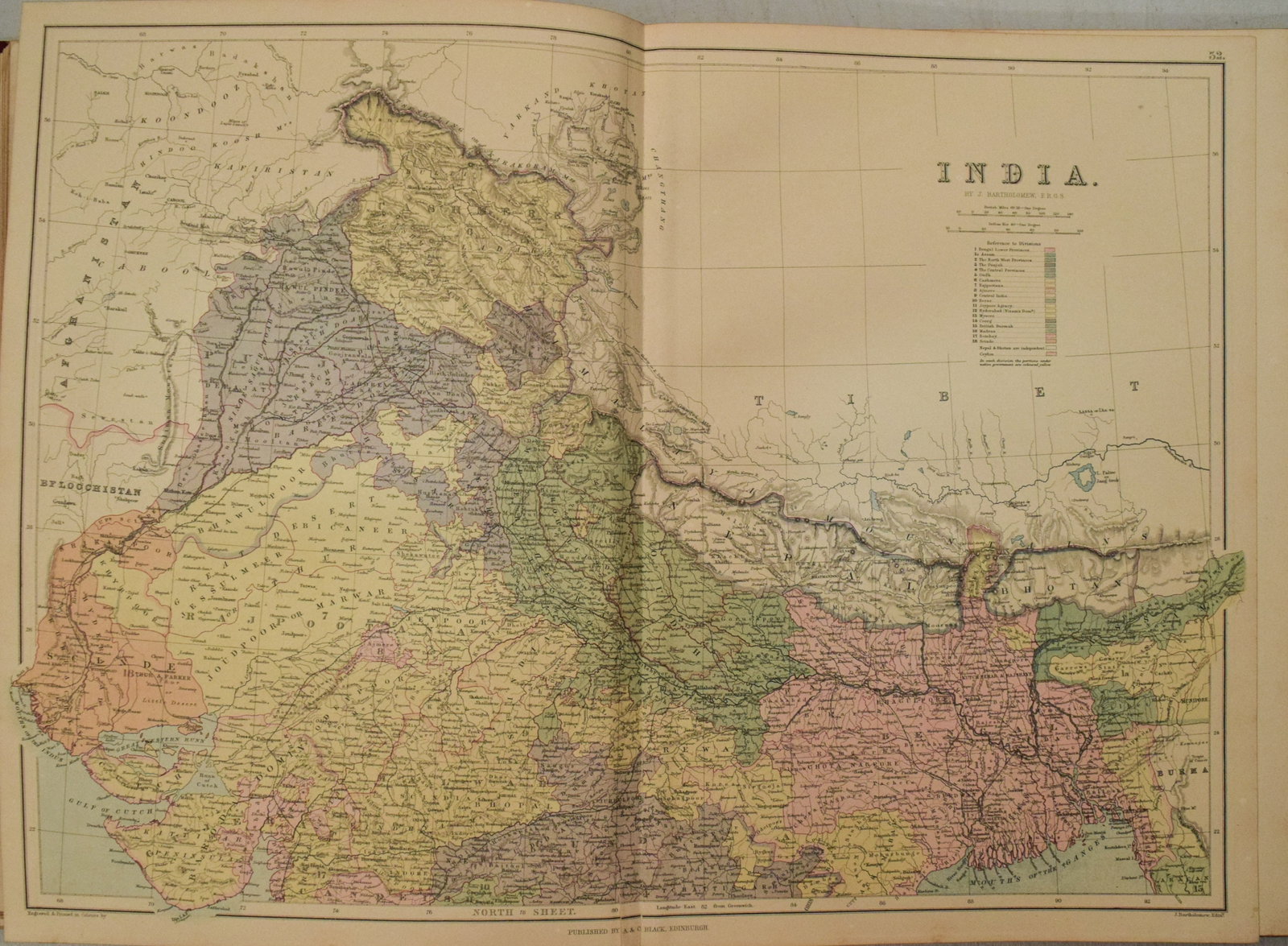 1892 Black Map of India on Two Sheets: Title:1892 Black Map of India on Two Sheets,li>Cartographer:A&C Black Year/Place:1892, Edinburgh Map Dimension (in.):16.5 X 23.9 in Larger Description:This is a highly detailed map of India on two