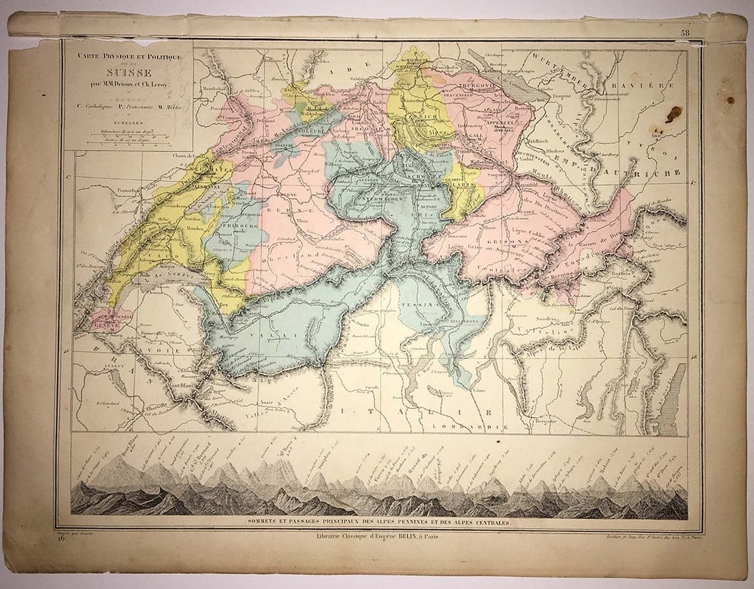 Carte Physique Et Politique De La Suisse: Publication Date:c1878 Title:Carte Physique Et Politique De La Suisse,li>Cartographer:DRIOUX, CLAUDE JOSEPH/CH. LEROY Publisher:EUGENE BELIN Brief Description:Long inset of the Alps. Margins soiled. U