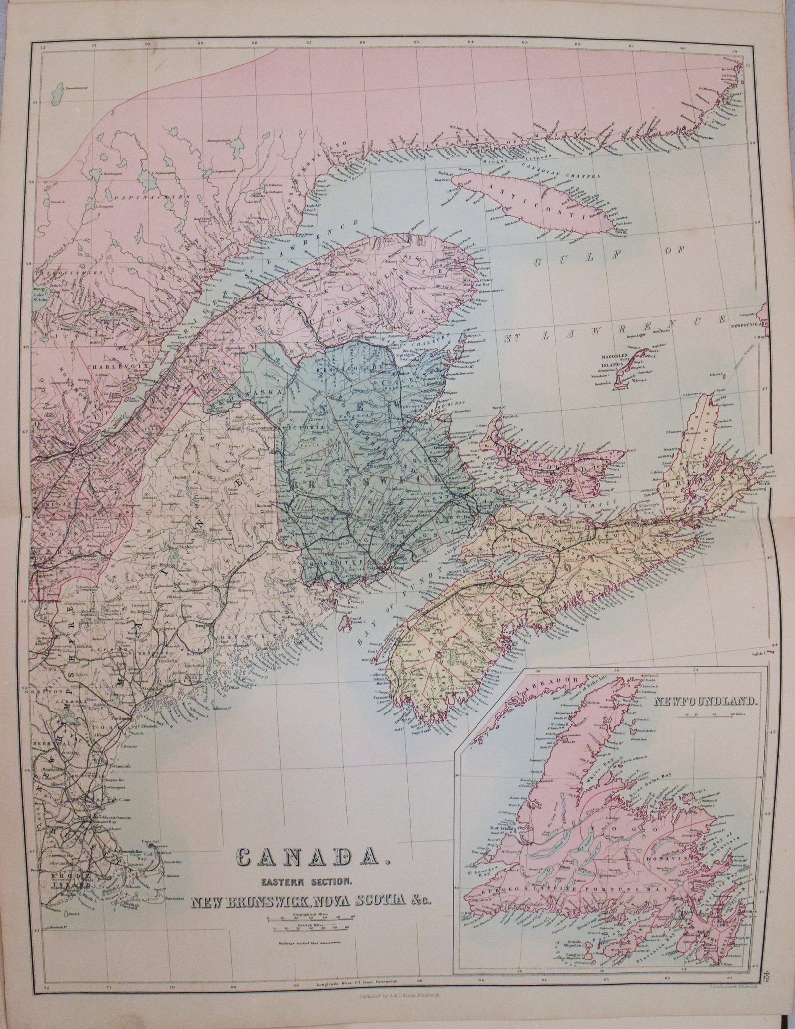 1892 Black Map of US New England to New York, Pennsylvania, New Jersey and Canadian Maritimes plus - 2
