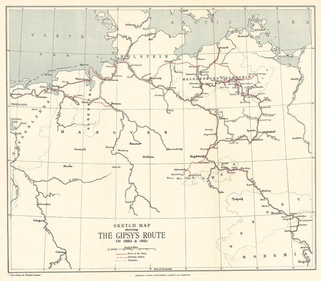 Sketch Map Shewing the Gipsy's Route in 1890 & 1891.: Publication Date:1892 Title:Sketch Map Shewing the Gipsy's Route in 1890 & 1891.,li>Cartographer:ANONYMOUS Publisher:JARROLD & SONS Brief Description:Traces the route of the gypsy population from