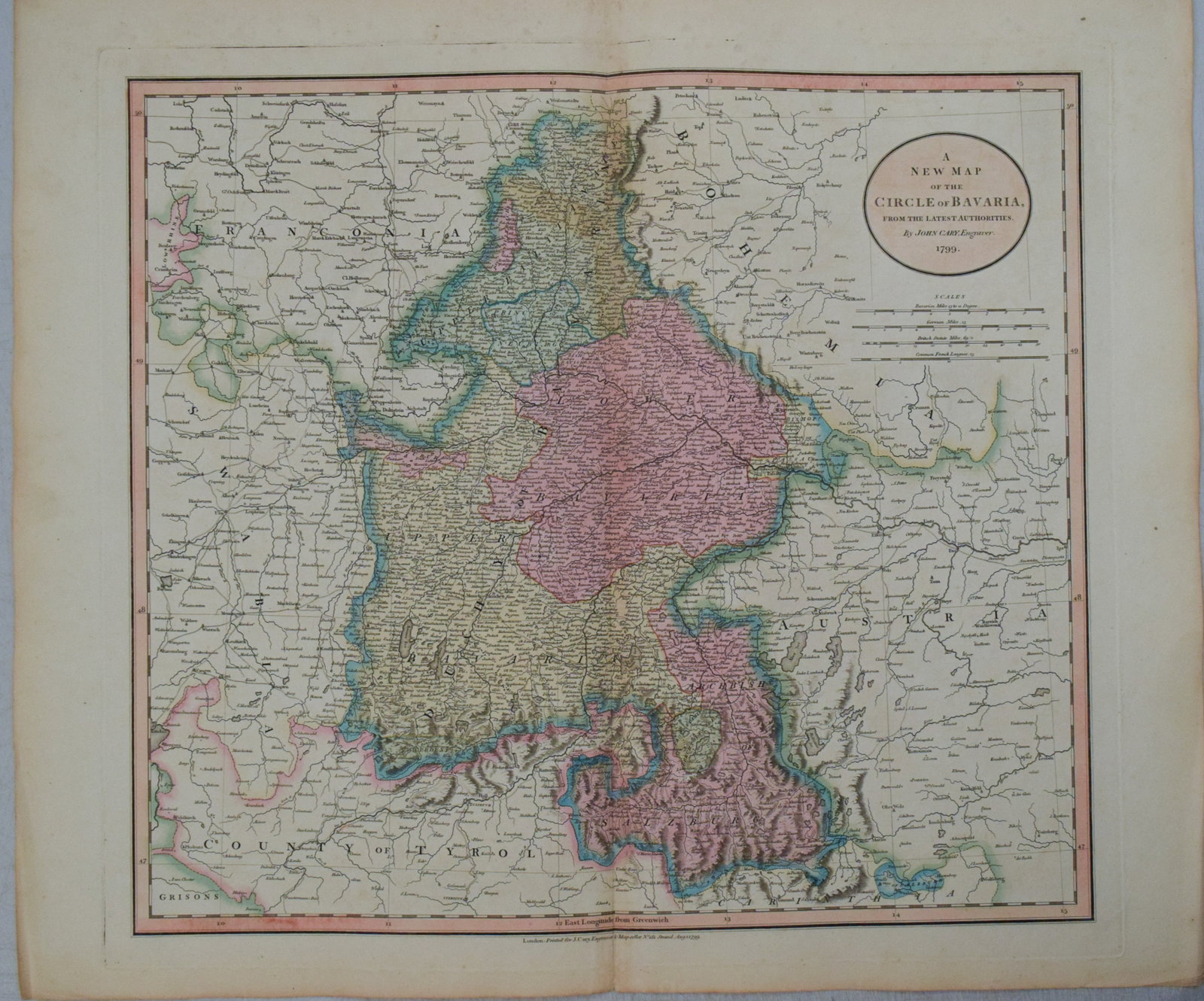 1799 Cary Map of Germany's Bavaria -- A New Map of the Circle of Bavaria, from the Latest: Title:1799 Cary Map of Germany's Bavaria -- A New Map of the Circle of Bavaria, from the Latest Authorities. By John Cary, Engraver, 1799,li>Cartographer:J Cary Year/Place:1799, London Map Dimension