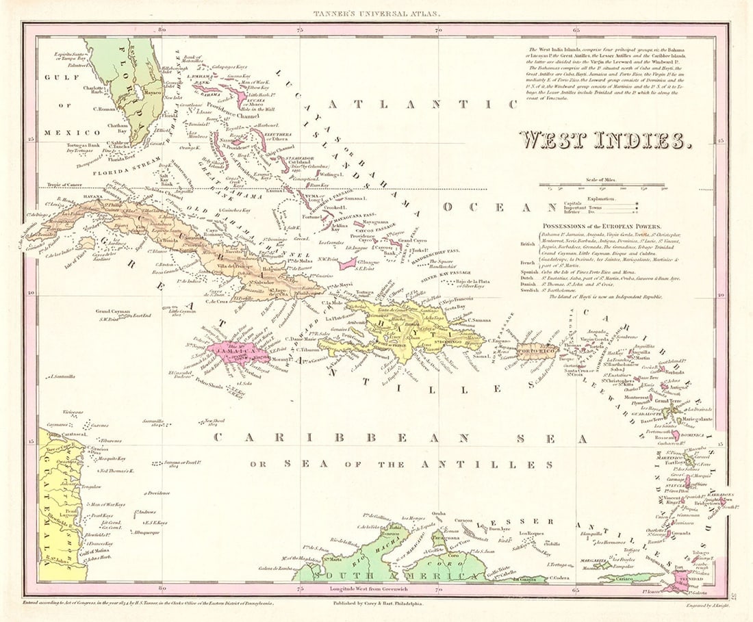 West Indies.: Publication Date:1839 Title:West Indies.,li>Cartographer:TANNER, HENRY SCHENCK Publisher:Carey & Hart Brief Description:From Tanner's Universal Atlas. Height:11.25 Width:13.8 Reserve: $30.00