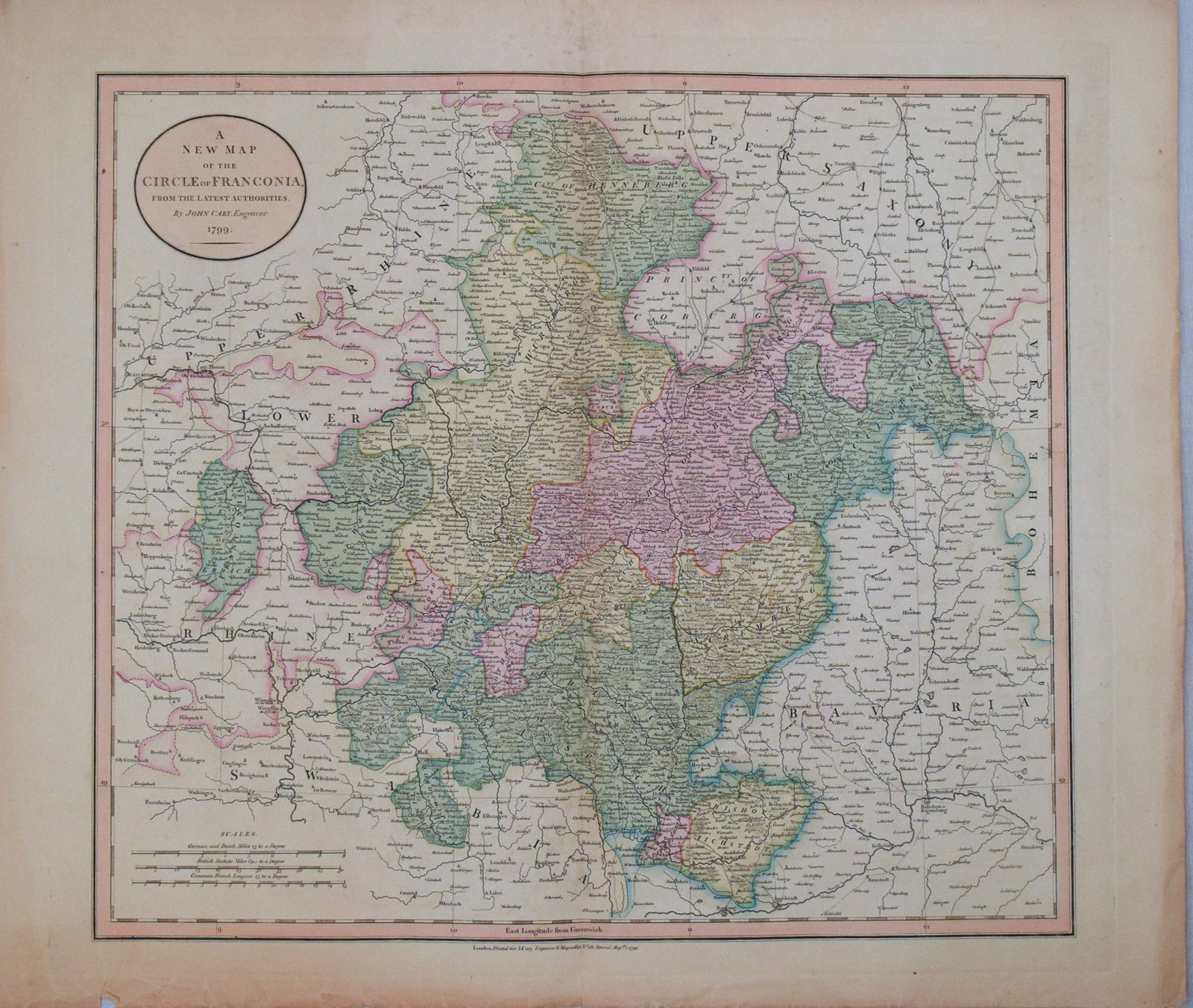 1799 Cary Map of Germany's Franconia -- A New Map of the Circle of Franconia, from the Latest: Title:1799 Cary Map of Germany's Franconia -- A New Map of the Circle of Franconia, from the Latest Authorities. By John Cary, Engraver, 1799,li>Cartographer:J Cary Year/Place:1799, London Map