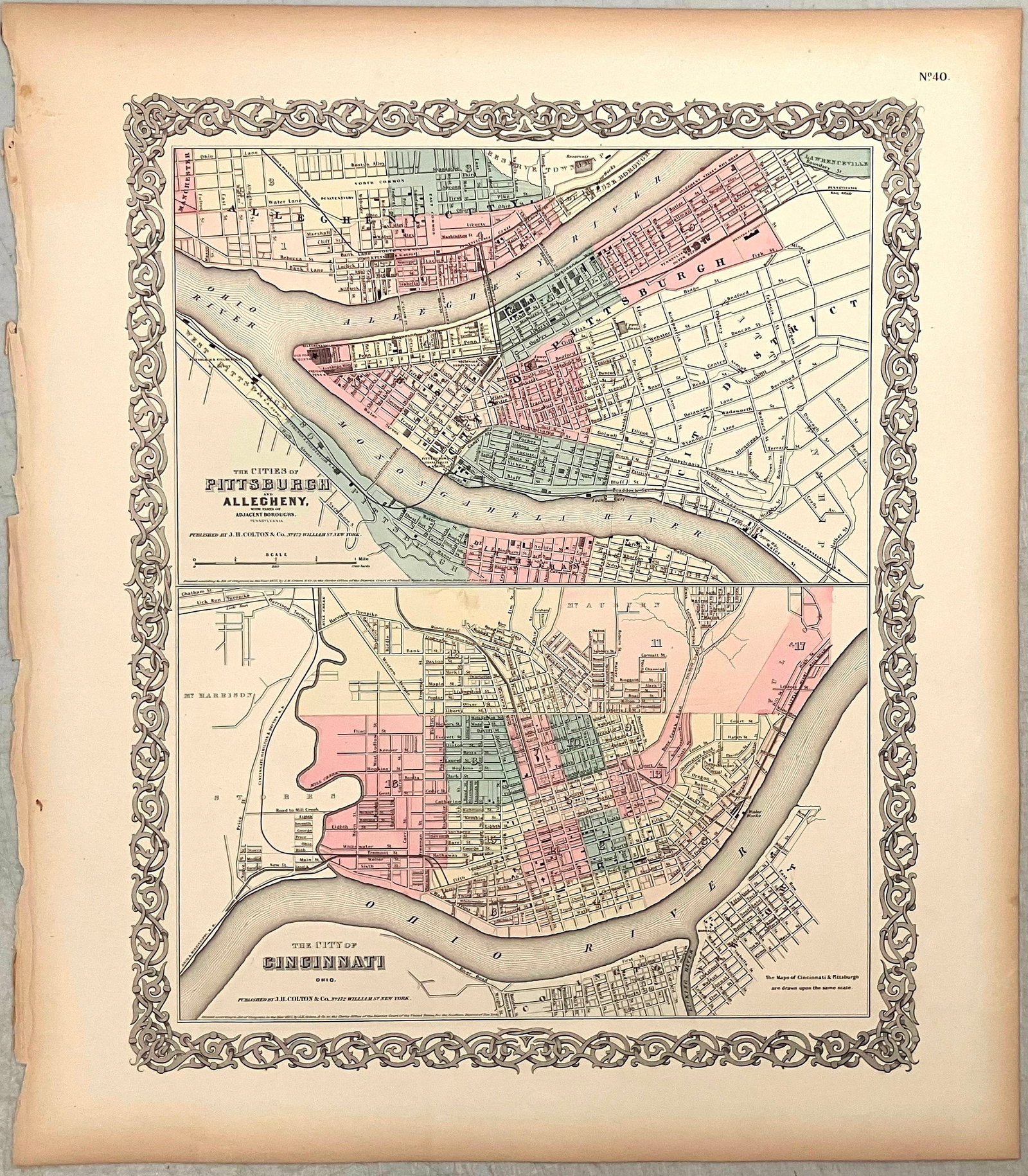 1855 Colton Map of Cincinnati and Pittsburgh -- The Cities of Pittsburgh and Allegheny… [with]: Title:1855 Colton Map of Cincinnati and Pittsburgh -- The Cities of Pittsburgh and Allegheny… [with] The City of Cincinnati Ohio,li>Cartographer:J Colton Year/Place:1855, New York Map Dimension