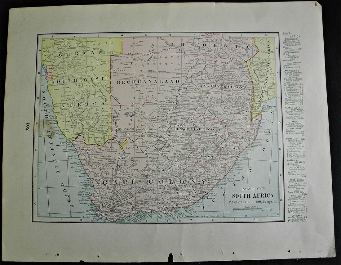 South Africa: Publication Date:c1905 Title:South Africa,li>Cartographer:CRAM, GEORGE F. Publisher:Cram, George F. Brief Description:"Published by Geo. F. Cram, Chicago, Ill." Wide margins. Small stain. Height:8.5