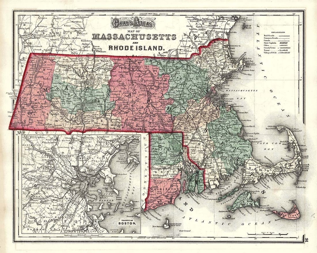 Gray's Atlas Map of Massachusetts and Rhode Island (1 of 2)