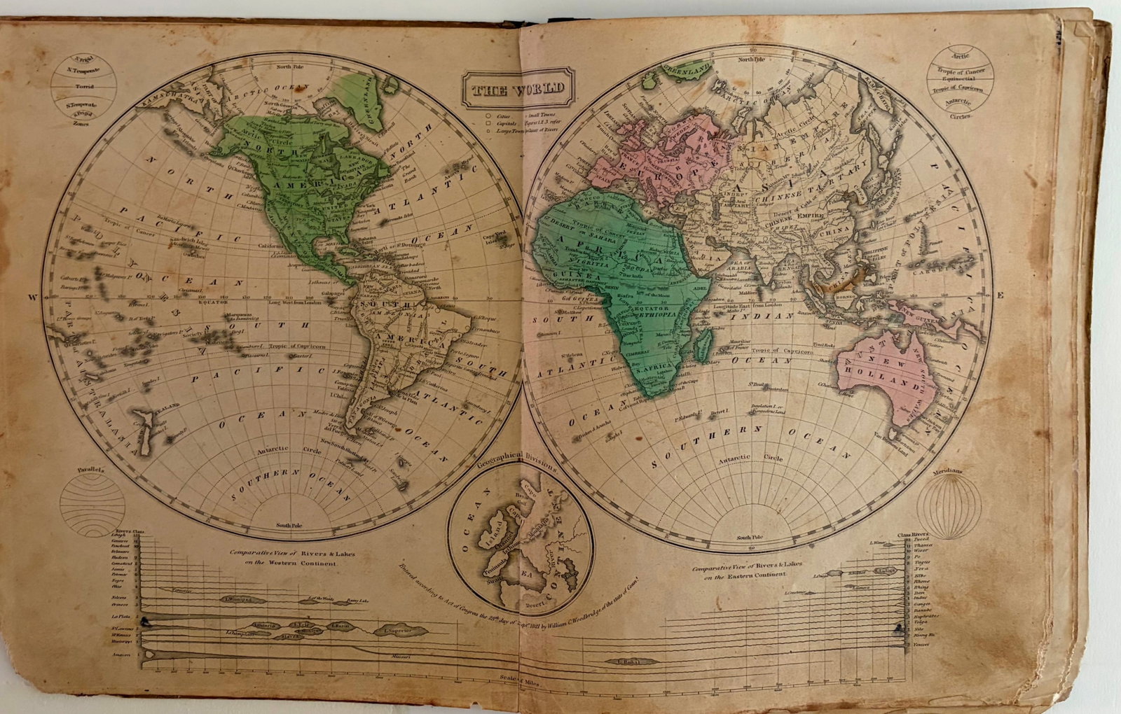 1835 Woodbridge World Map -- The World: Title:1835 Woodbridge World Map -- The World,li>Cartographer:W. Woodbridge Year/Place:1835, Hartford Map Dimension (in.):11 X 16.5 in. Description:This is a very nice double hemisphere world map. It a