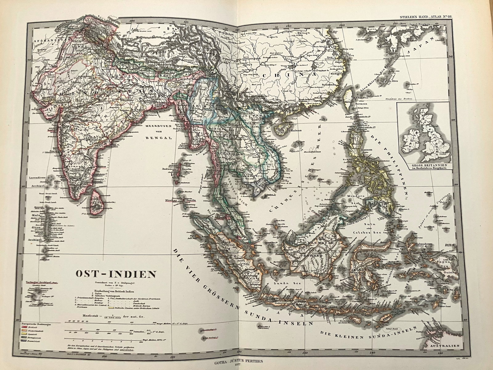 1877 Stieler Map of Southeast Asia -- Ost-Indien: Title:1877 Stieler Map of Southeast Asia -- Ost-Indien,li>Cartographer:A Stieler Year/Place:1877, Gotha Map Dimension (in.):13 X 16 in. Description:This is anxcellent double page map of southeast