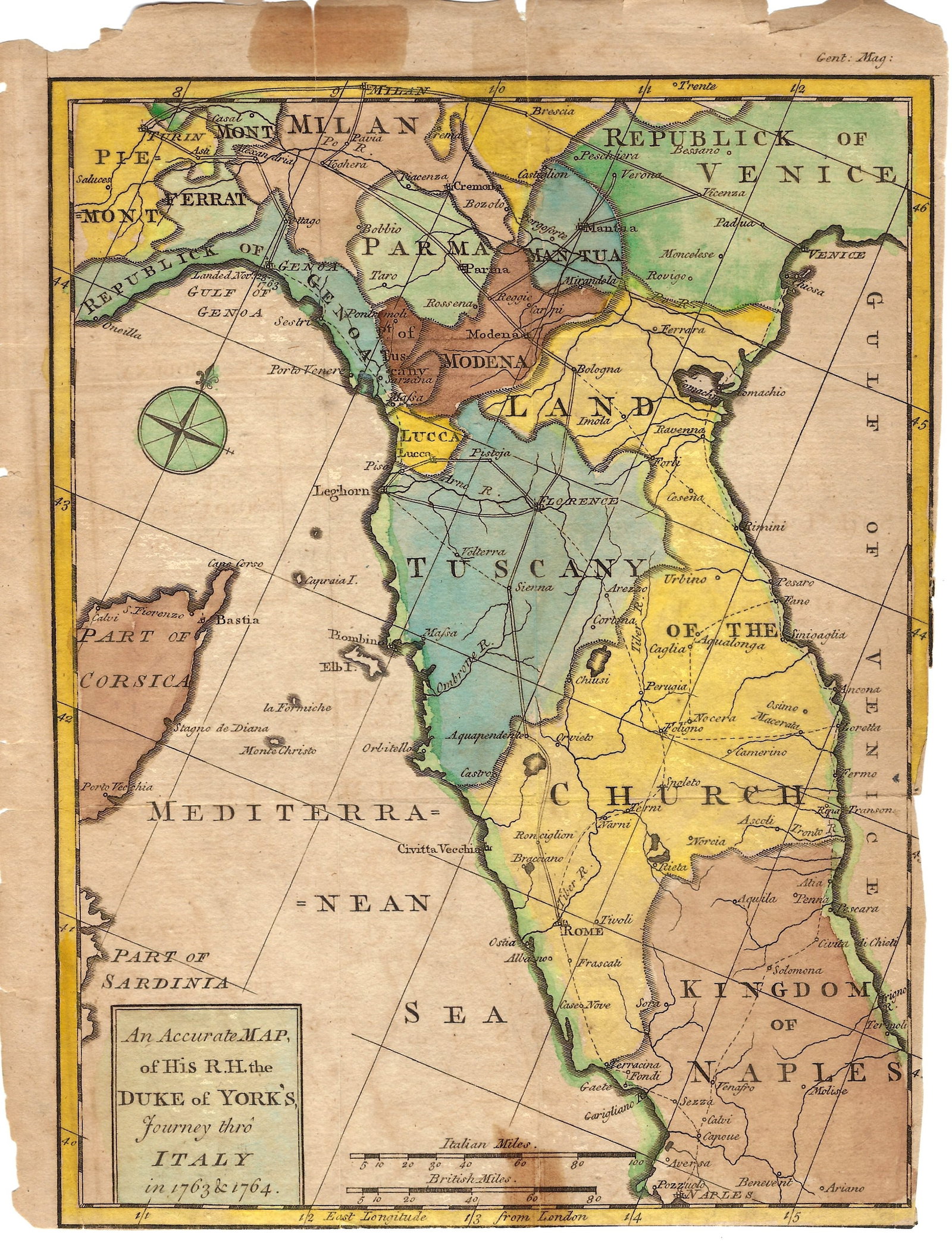 Gentlemen's Magazine 1764 Map of Northern Italy -- An Accurate Map of His R.H. the Duke of York's: Title:Gentlemen's Magazine 1764 Map of Northern Italy -- An Accurate Map of His R.H. the Duke of York's Journey Thro' Italy in 1763 & 1764,li>Cartographer:Gentlemen's Magazine Year/Place:1764, London 