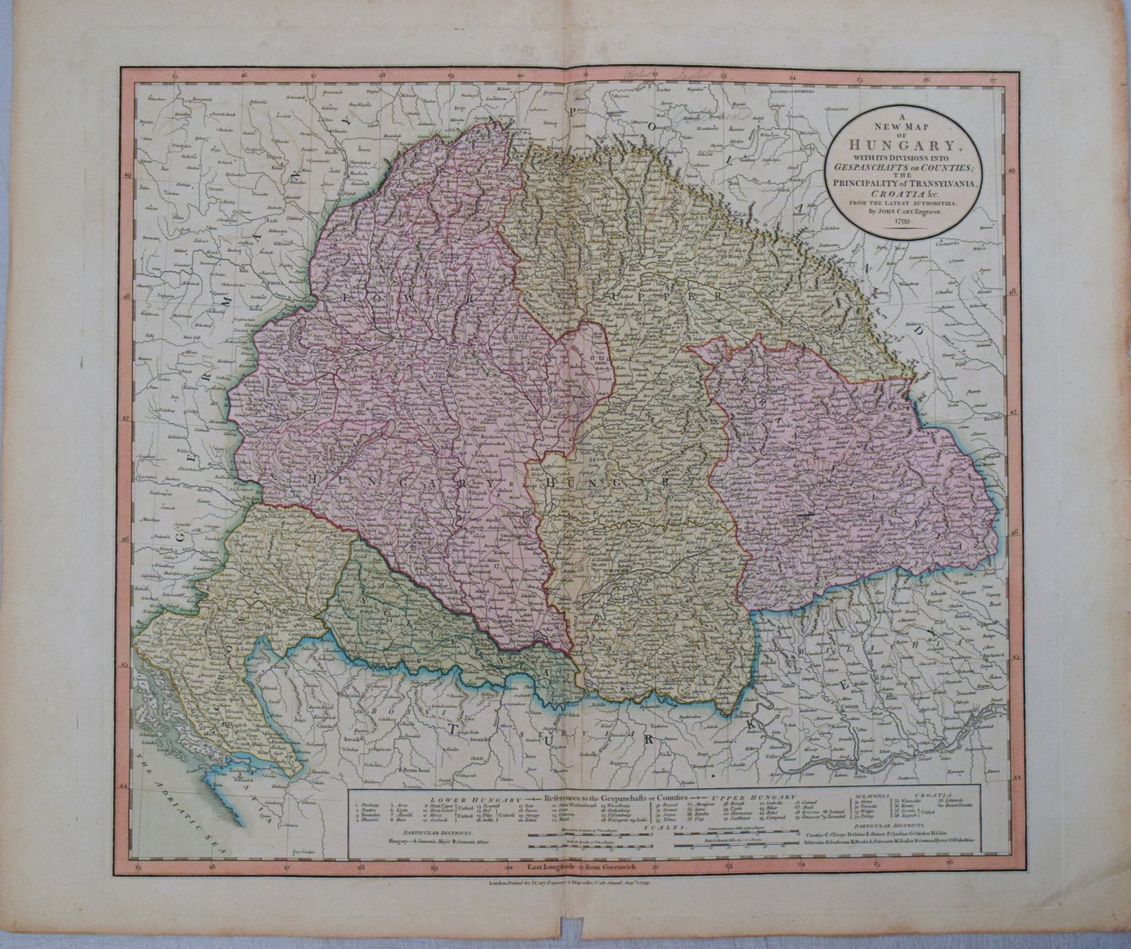 1799 Cary Map of Hungary -- A New Map of Hungary, with Its Divisions into Gespanchafts or Counties;: Title:1799 Cary Map of Hungary -- A New Map of Hungary, with Its Divisions into Gespanchafts or Counties; the Principality of Transylvania, Croatia &c. from the Latest Authorities,li>Cartographer:J
