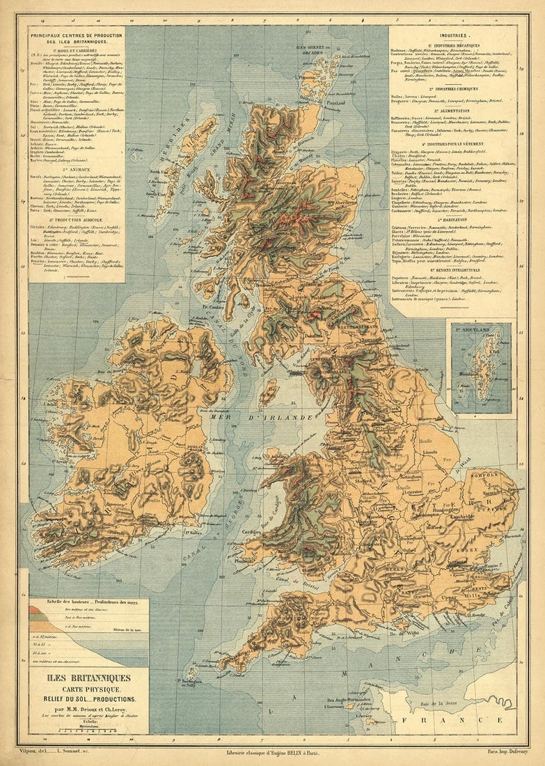 Iles Britanniques Carte Physique. Relief Du Sol. Productions.: Publication Date:c1878 Title:Iles Britanniques Carte Physique. Relief Du Sol. Productions.,li>Cartographer:DRIOUX, CLAUDE JOSEPH/CH. LEROY Publisher:EUGENE BELIN Brief Description:Strong topography. I