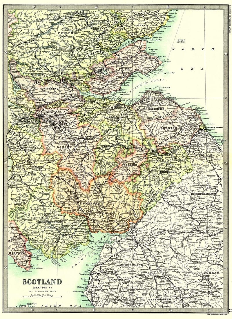 Scotland (Section 4) [Southwest Scotland Surrounding Edinburgh]: Publication Date:1890 Title:Scotland (Section 4) [Southwest Scotland Surrounding Edinburgh],li>Cartographer:BARTHOLOMEW, JOHN & CO. Publisher:MACMILLAN & CO. Brief Description:"By J. Bartholomew,