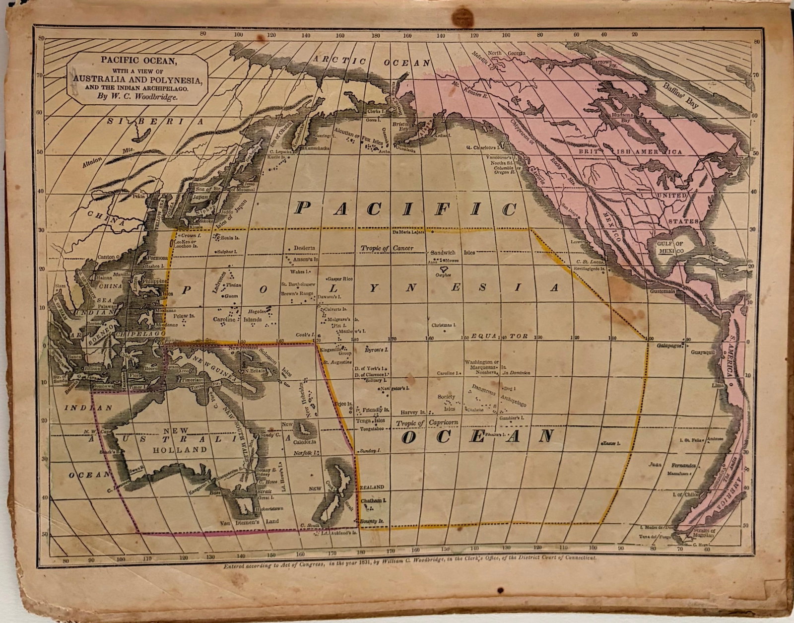 1831 Woodbridge Map of Oceania and Australia -- Paific Ocean, with a View of Australia an (1 of 1)