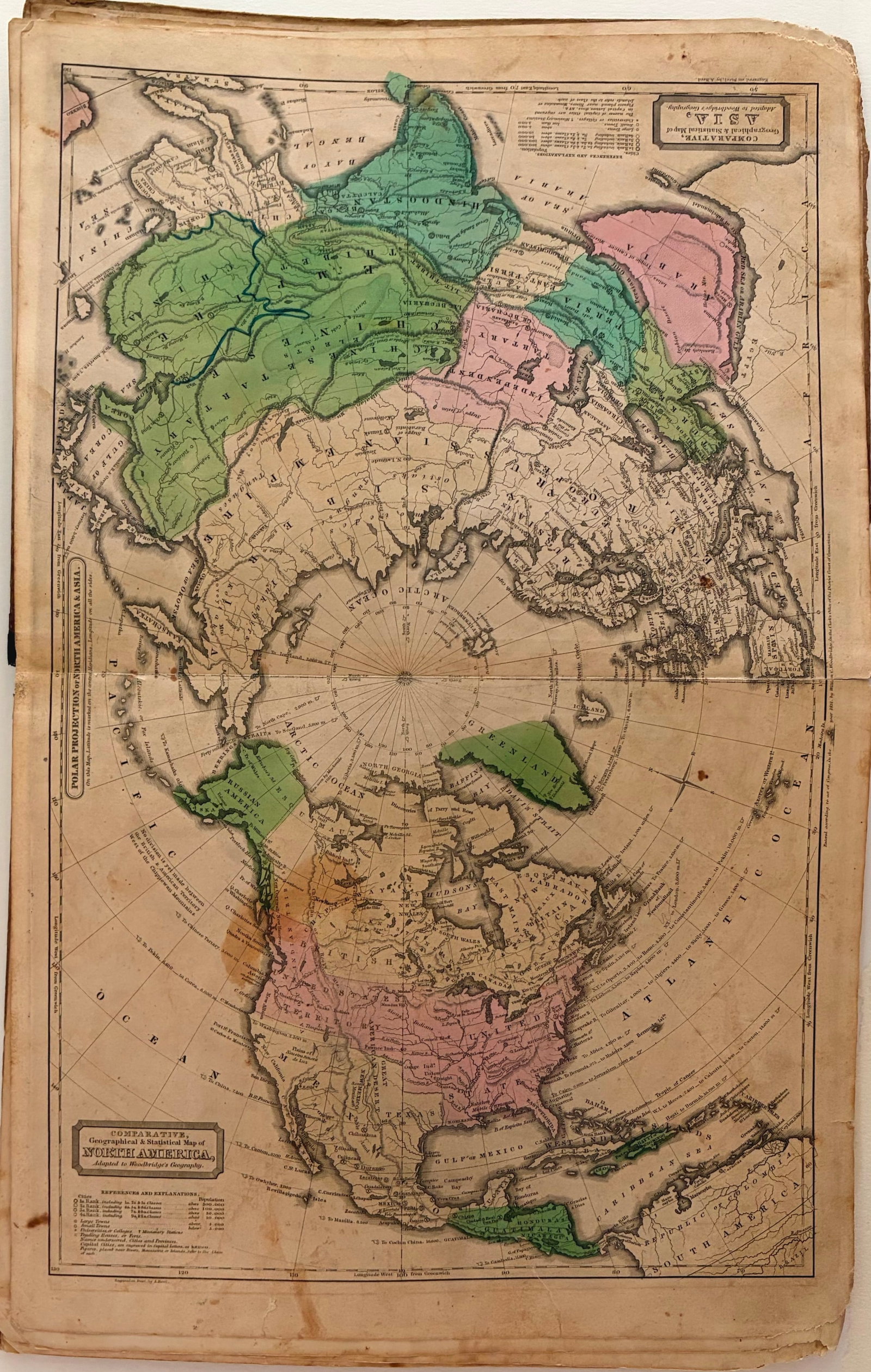 1831 Woodbridge Map of North America, Europe, Asia: Title:1831 Woodbridge Map of North America, Europe, Asia,li>Cartographer:W. Woodbridge Year/Place:1831, Hartford Map Dimension (in.):10.6 X 16.7 in. Description:This is an unusual polar projection map