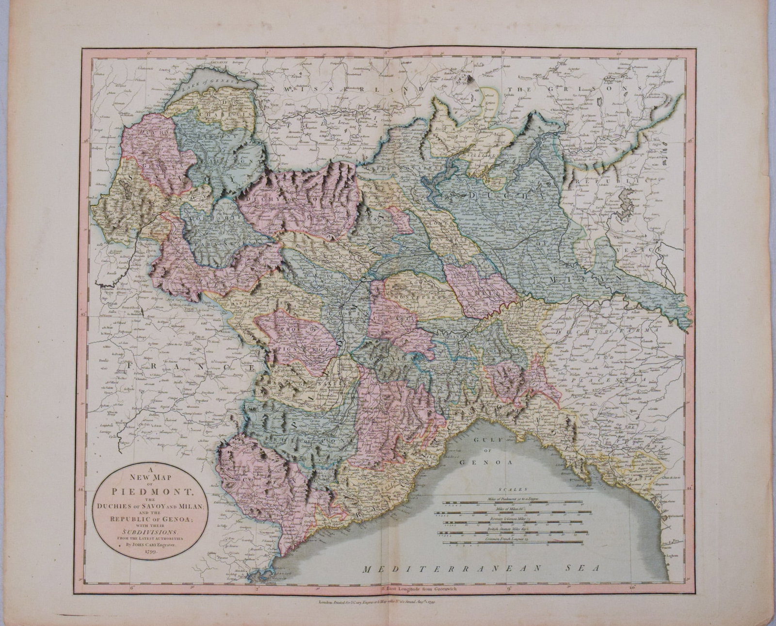 1799 Cary Map of Northwest Italy -- A New Map of Piedmont, the Duchies of Savoy and Milan; and the (1 of 1)