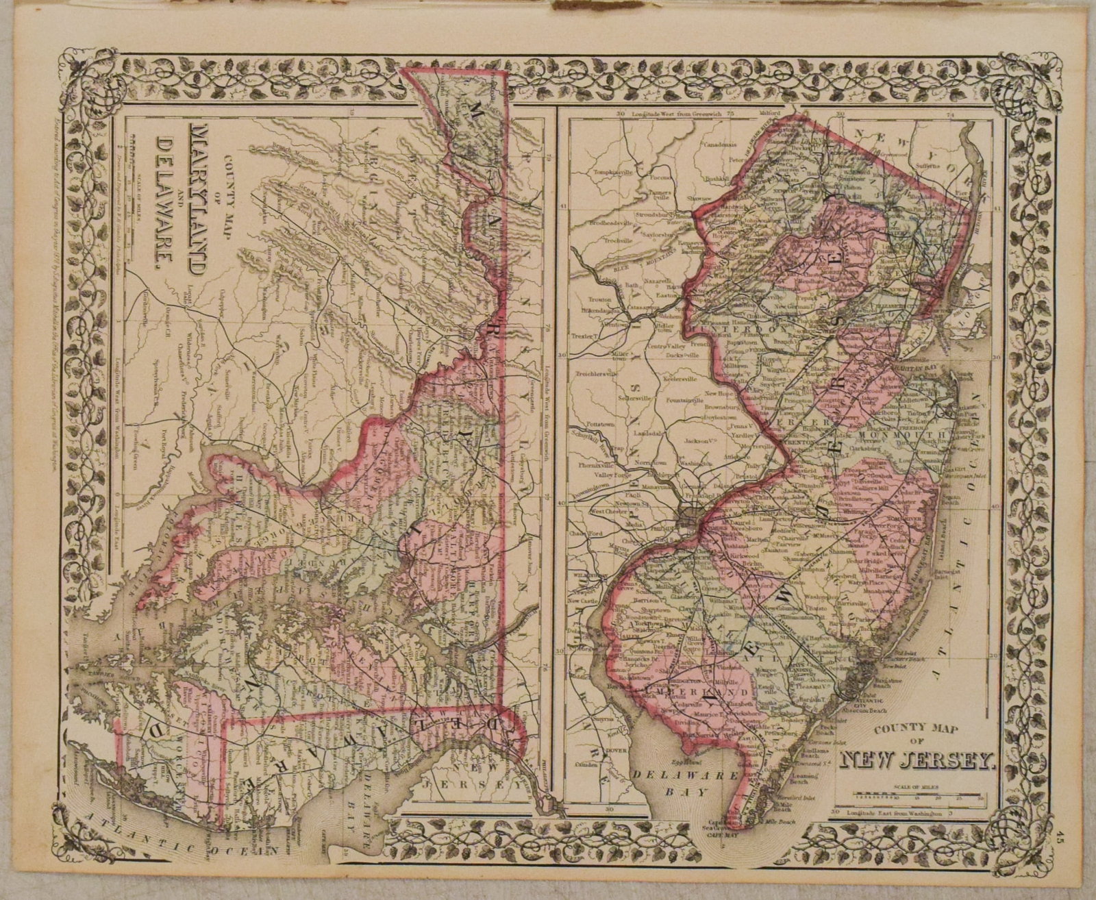 1878 Mitchell Map of Virginia and West Virginia [verso] New Jersey, Maryland and Delaware -- County - 2