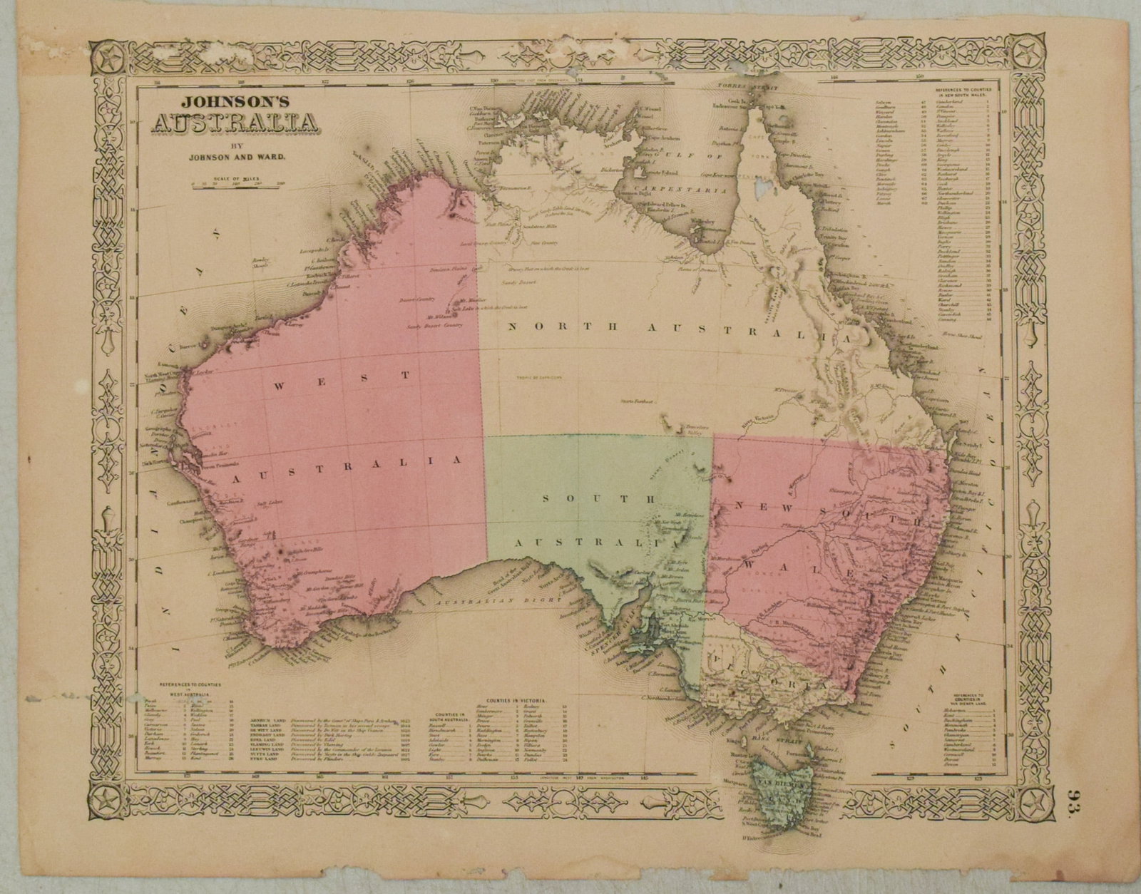 1863 Johnson's Map of Australia -- Johnson's Australia: Title:1863 Johnson's Map of Australia -- Johnson's Australia,li>Cartographer:Johnson & Ward Year/Place:1863, New York Map Dimension (in.):12.6 x 15.4 in. Description:This is an eloquent map showing