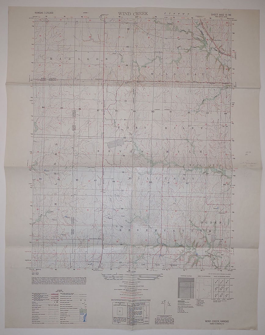 Wind Creek, Kansas: Publication Date:1950 Title:Wind Creek, Kansas,li>Cartographer:ARMY MAP SERVICE Publisher:CORPS OF ENGINEERS Brief Description:Topographic map of a training area near Fort Riley. Height:21.75