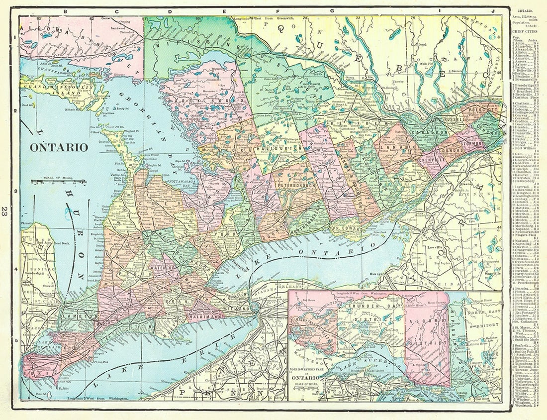 Ontario: Publication Date:1902 Title:Ontario,li>Cartographer:CRAM, GEORGE F. Publisher:GEO. F. CRAM Brief Description:Quebec on reverse. Extremely detailed. Redrawn after 1889 with inset of north-western part