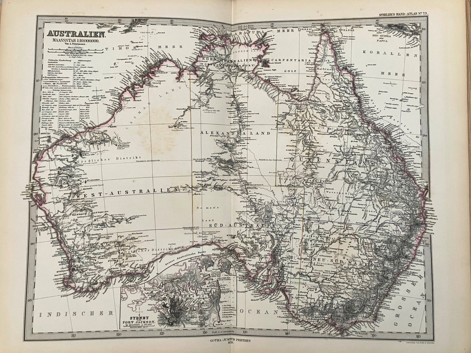1878 Stieler Map of Australia -- Austrtalien: Title:1878 Stieler Map of Australia -- Austrtalien,li>Cartographer:A Stieler Year/Place:1878, Gotha Map Dimension (in.):13 X 16 in. Description:This is nice double page map of Australia with Sydney