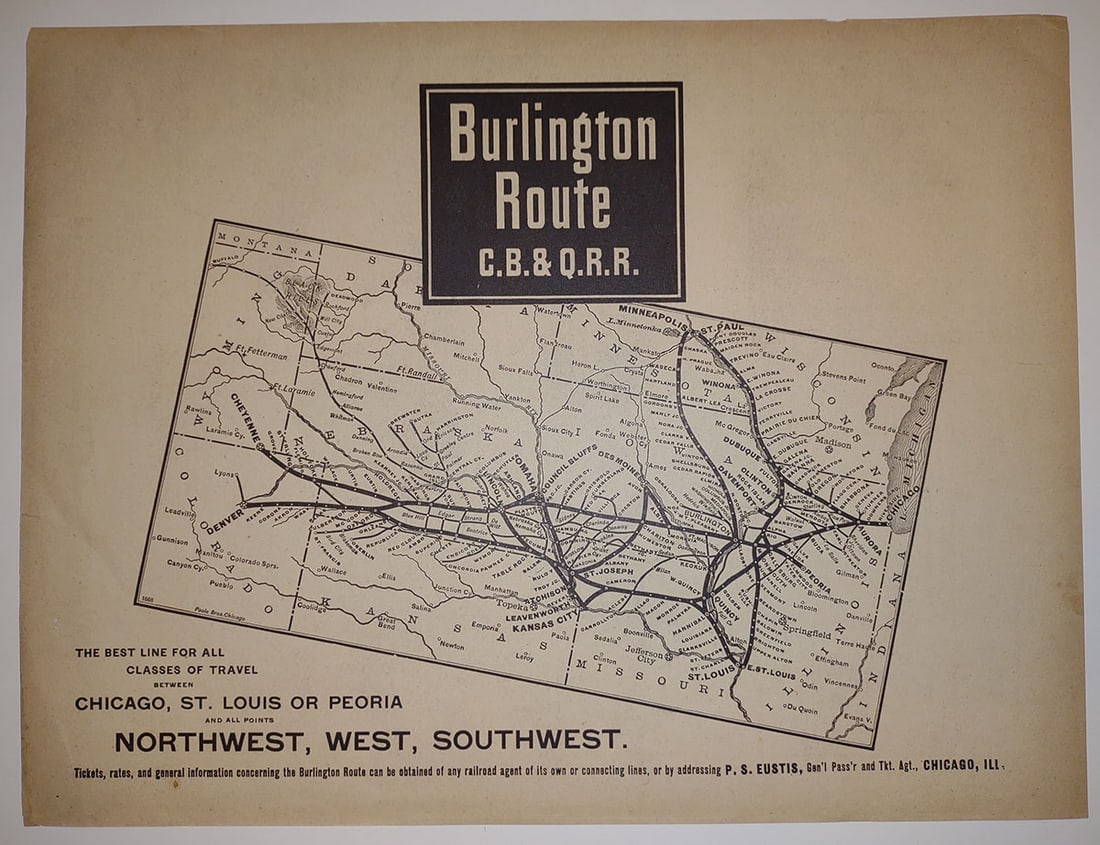 Burlington Route C.B.& Q. R.R.: Publication Date:c1890 Title:Burlington Route C.B.& Q. R.R.,li>Cartographer:Poole Bros. Chicago Brief Description:The best line for all classes of travel between Chicago, St. Louis or Peoria and all p