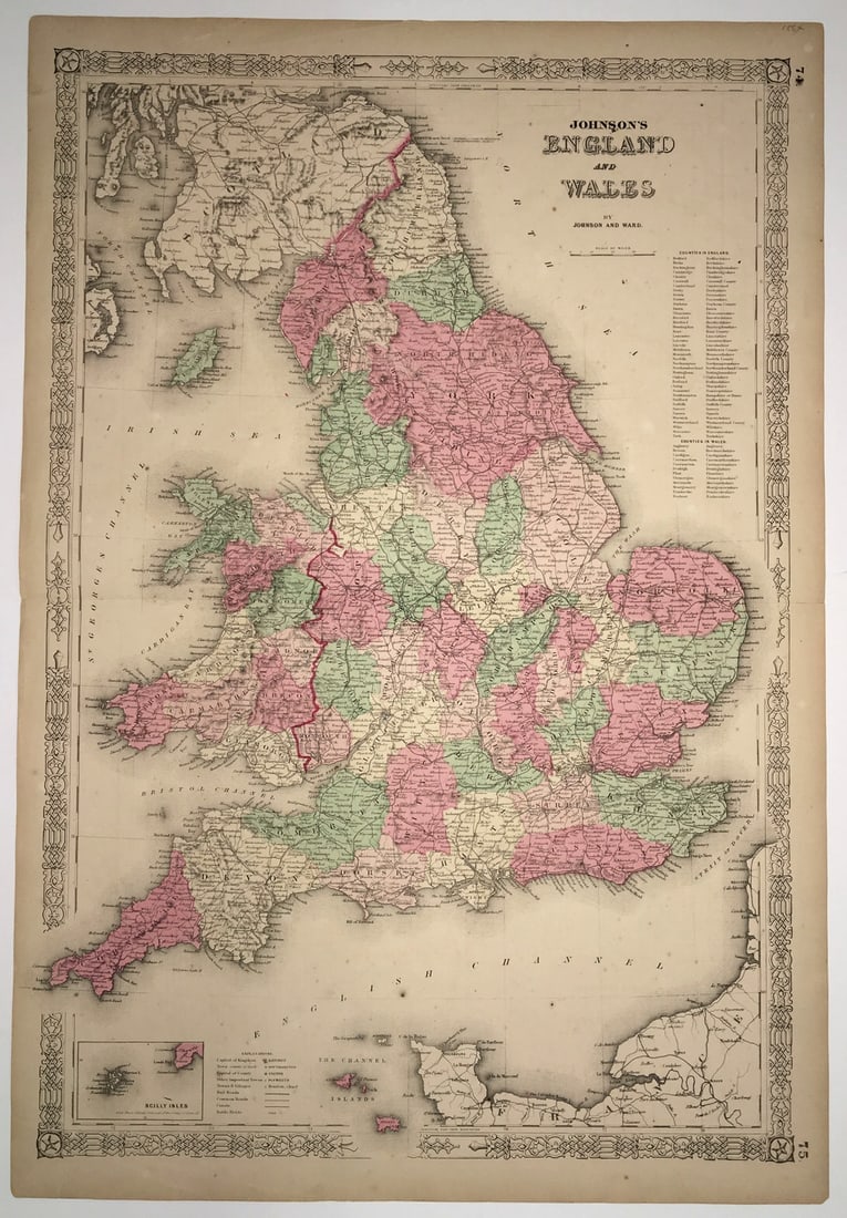 Johnson's England And Wales: Publication Date:1864 Title:Johnson's England And Wales,li>Cartographer:JOHNSON, ALVIN JEWETT Publisher:JOHNSON AND WARD Brief Description:Pastel colored. Browned. Height:24.75 Width:17 Reserve: