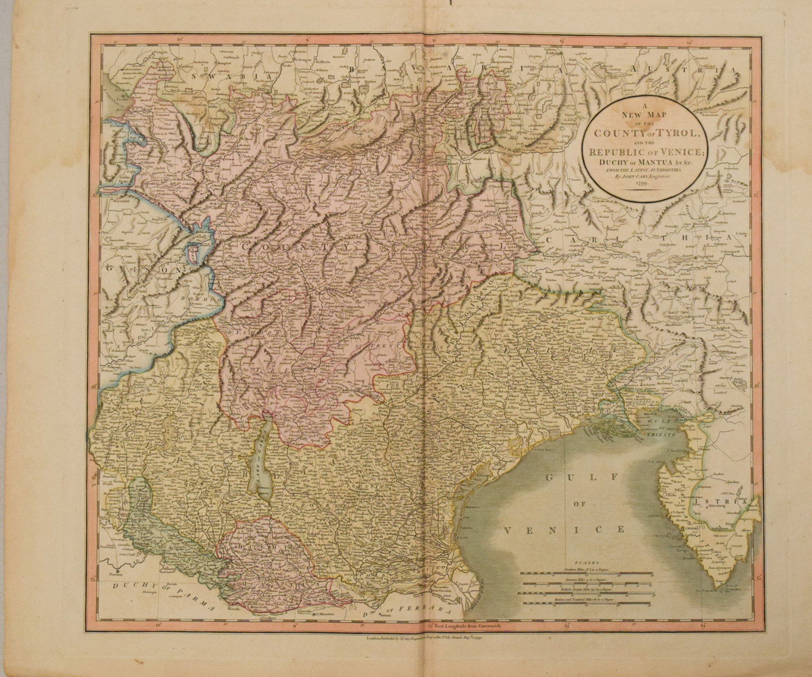1799 Cary Map of Northeast Italy, Including Venice -- A New Map of the County of Tyrol, and the: Title:1799 Cary Map of Northeast Italy, Including Venice -- A New Map of the County of Tyrol, and the Republic of Venice; Duchy of Mantua &c.&c.,li>Cartographer:J Cary Year/Place:1799, London Map