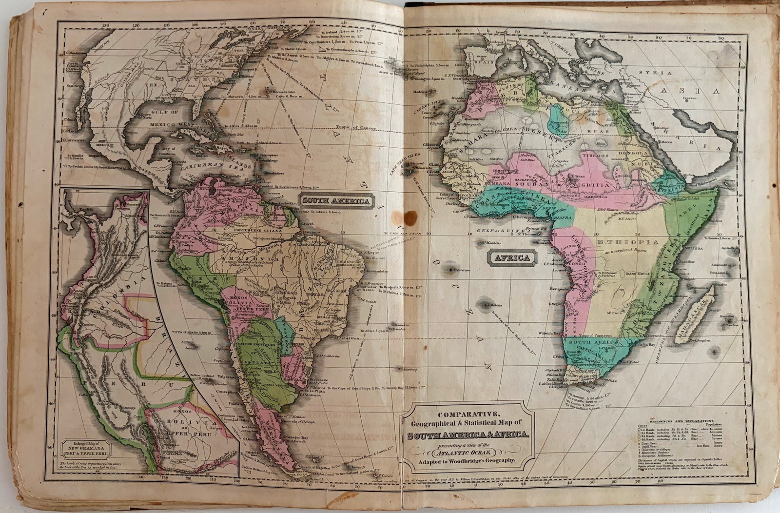 1831 Woodbridge Map of South America and Africa -- Comparative, Geographical & Statistical Map of: Title:1831 Woodbridge Map of South America and Africa -- Comparative, Geographical & Statistical Map of South America & Africa,li>Cartographer:W. Woodbridge Year/Place:1831, Hartford Map Dimension (in