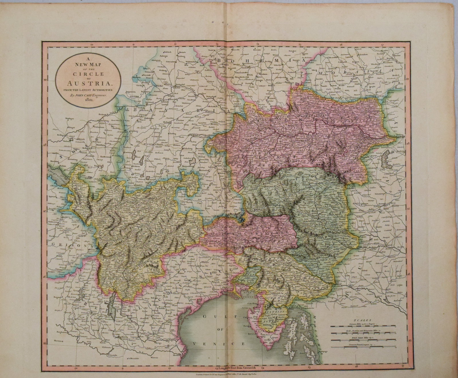1801 Cary Map of Austria -- A New Map of the Circle of Austria from the Best Authorities: Title:1801 Cary Map of Austria -- A New Map of the Circle of Austria from the Best Authorities,li>Cartographer:J Cary Year/Place:1601, London Map Dimension (in.):17.8 X 20.2 in. Description:This is