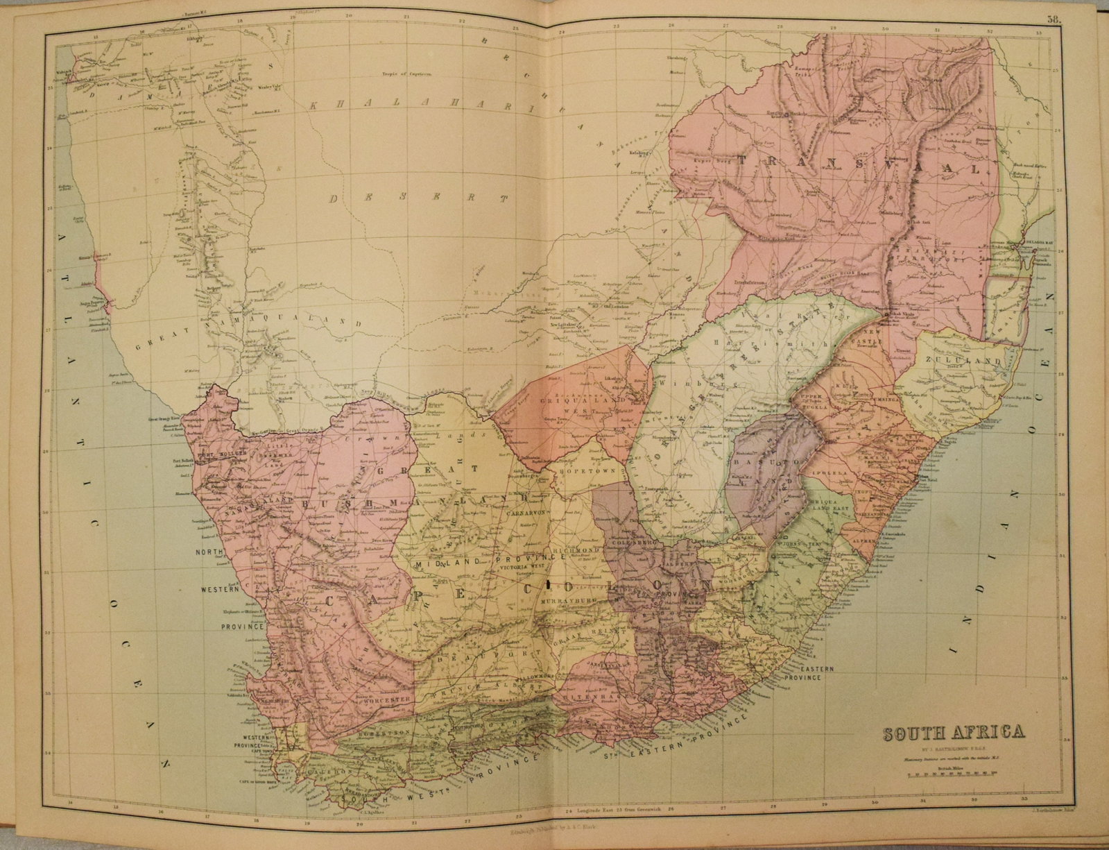 1892 Black Map of South Africa: Title:1892 Black Map of South Africa,li>Cartographer:A&C Black Year/Place:1892, Edinburgh Map Dimension (in.):16.4 X 22.2 in. Description:This is a highly detailed map of South Africa. Shown are the