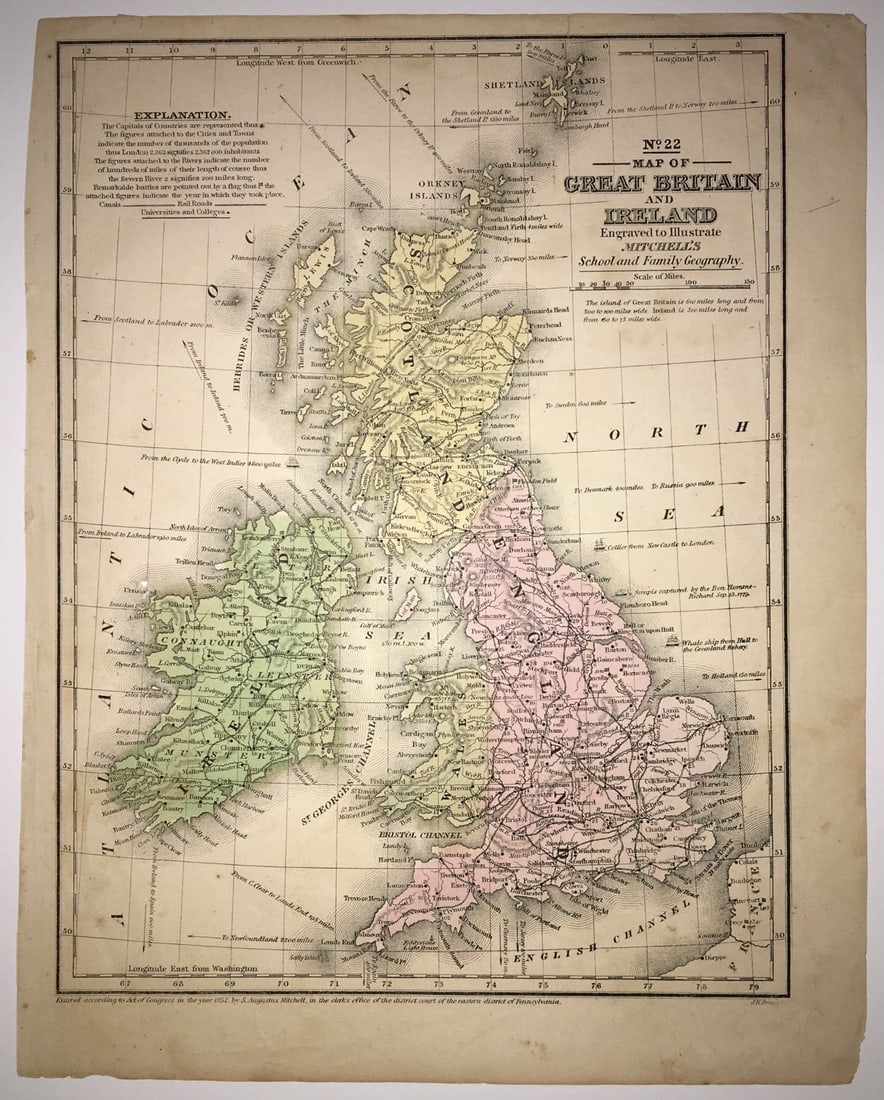 No. 22 Map of Great Britain and Ireland: Publication Date:©1852 Title:No. 22 Map of Great Britain and Ireland,li>Cartographer:J. H. Young Publisher:S. Augustus Mitchell Brief Description:engraved to illustrate