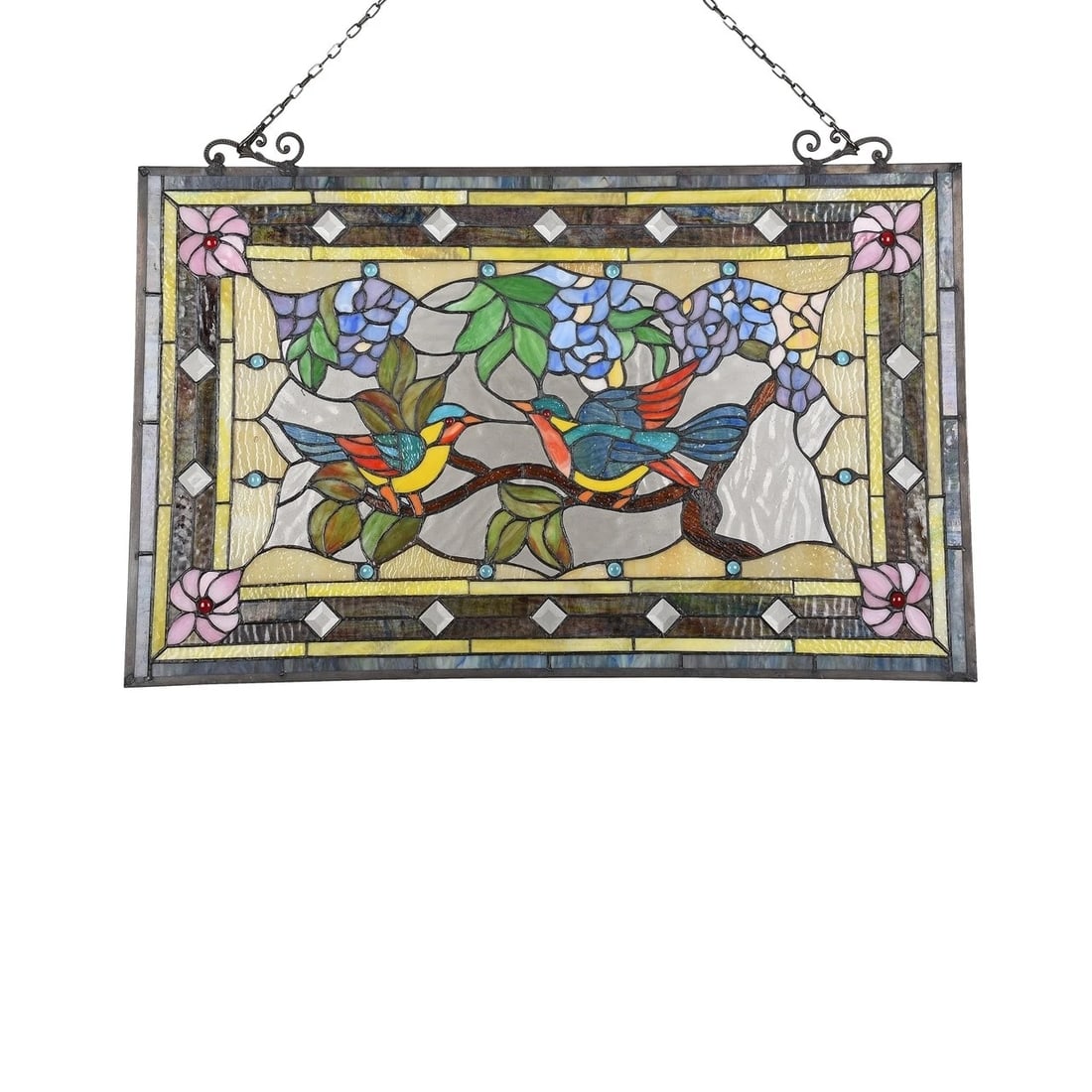 31.9" Tiffany Style Stained Glass Window Panel Birds & Floral Design - 2