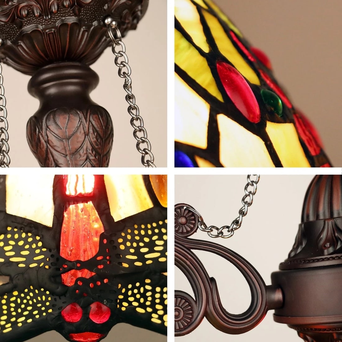 24" 3 Light Stained Glass Dragonfly Hanging Down Light Chandelier - 6