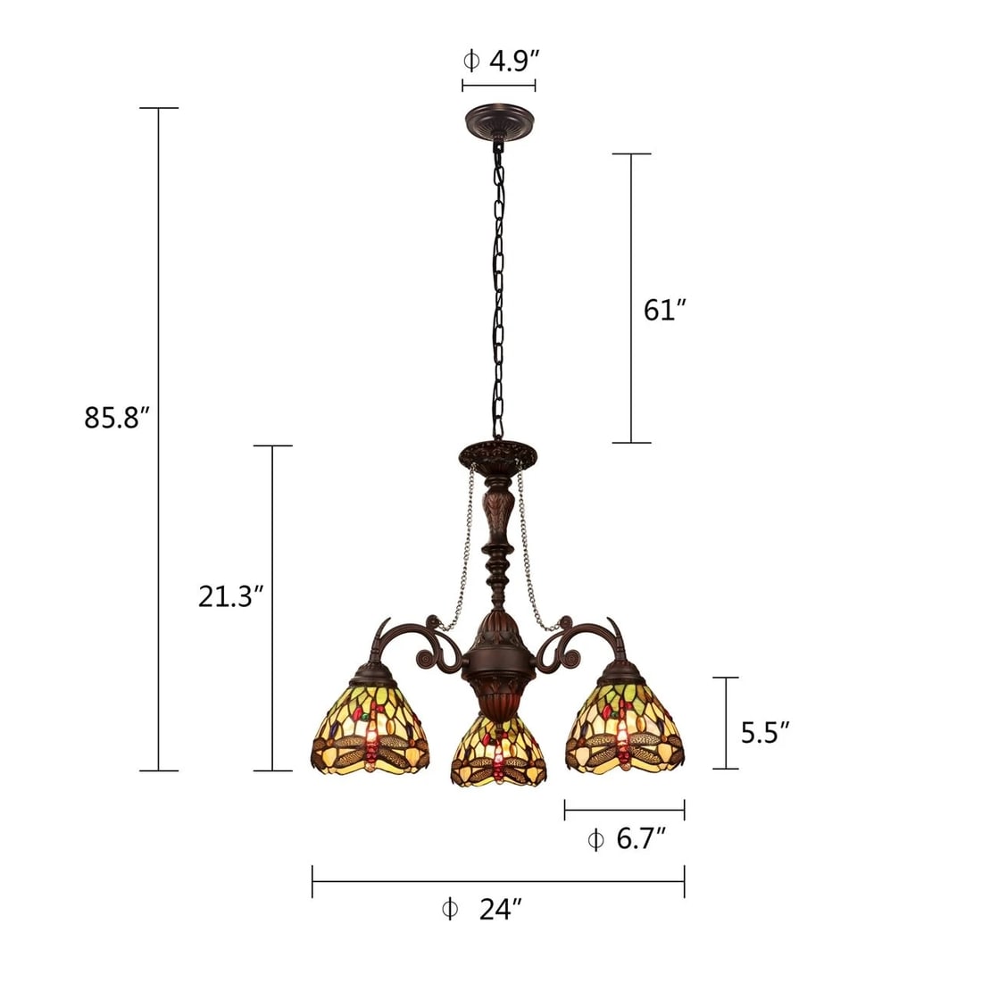 24" 3 Light Stained Glass Dragonfly Hanging Down Light Chandelier - 8