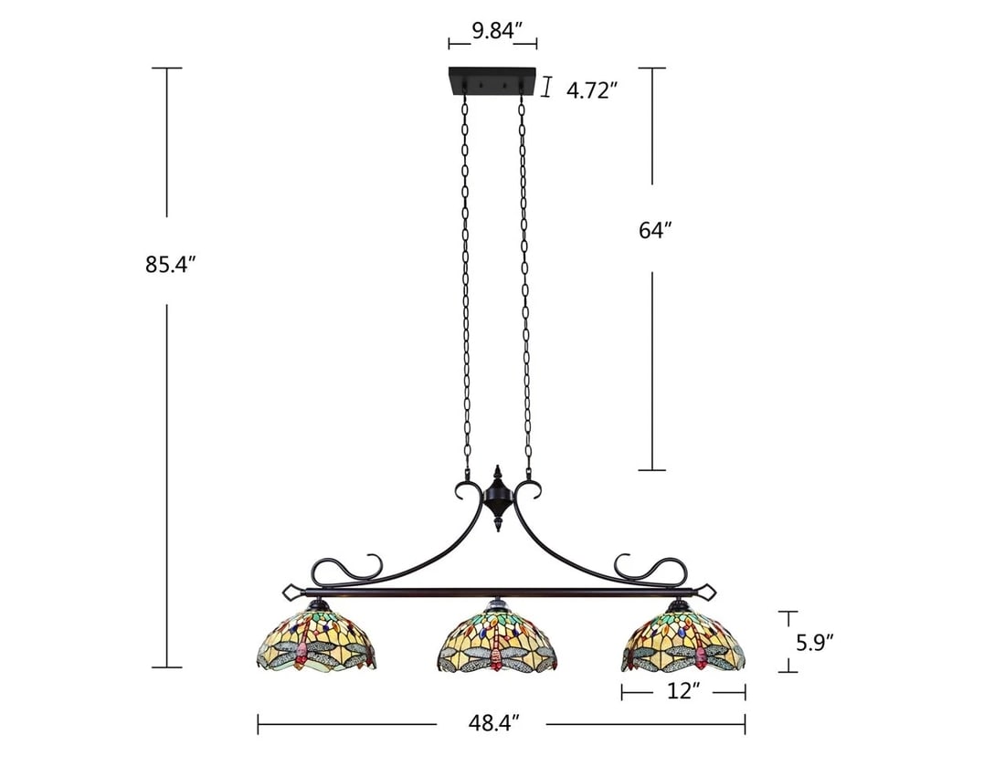 48" Stained Glass 3 light Dragonfly Island Billiard Pendant Light - 7