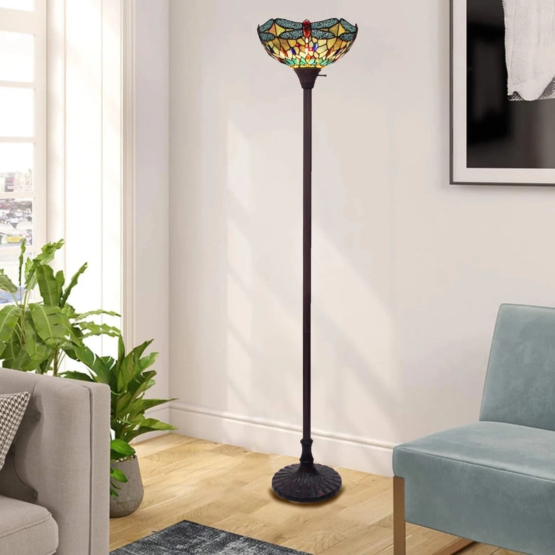 69.49" Stained Glass Dragonfly Torchiere Floor Lamp - 6