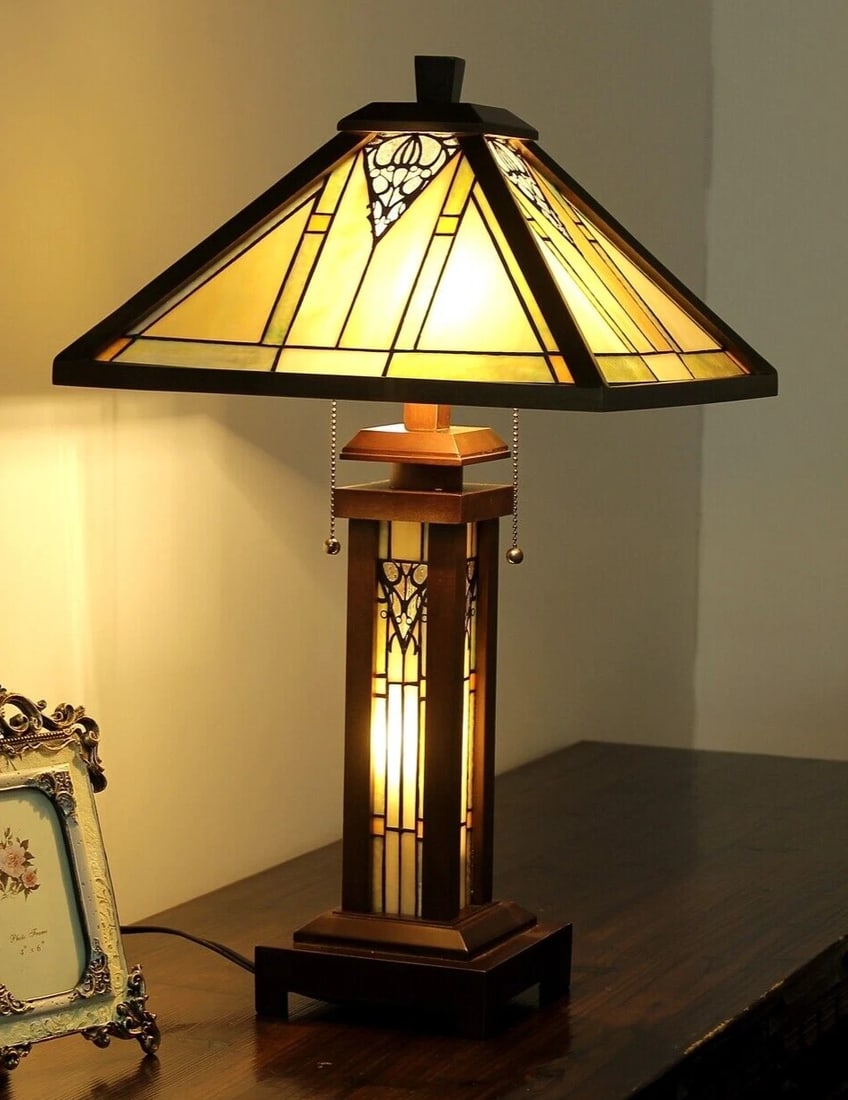25.6 3 light Stained Glass Wood Mission Table Lamp - 2