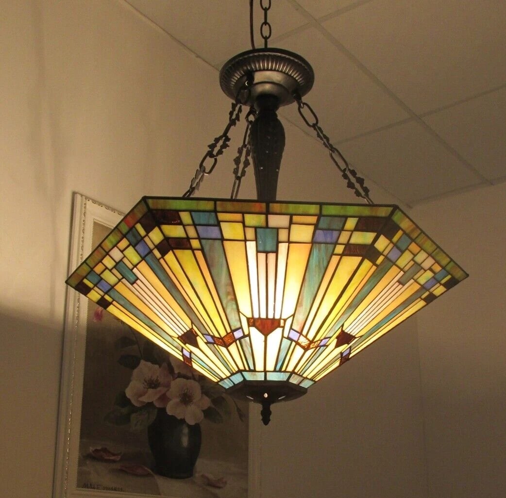 24.4" 3 Light Stained Glass Hanging Inverted Pendant Ceiling Uplight - 3
