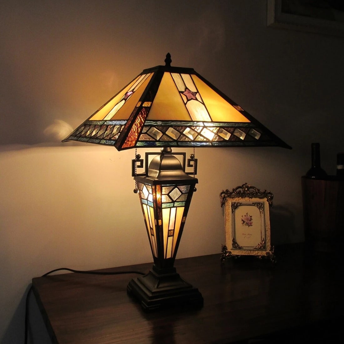 22.2" 3 light Stained Glass Lit Base Mission Table Lamp - 3