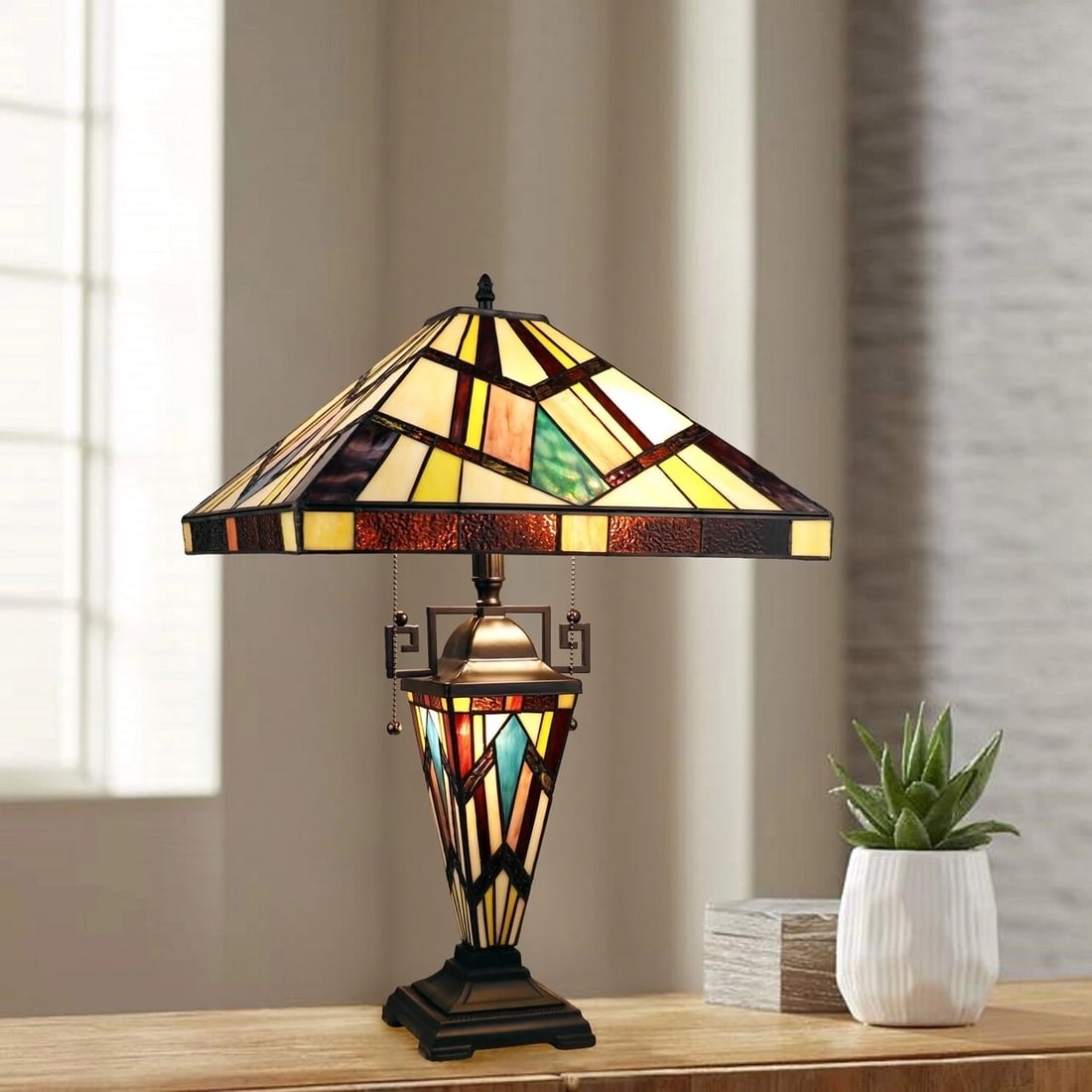 24" 3 light Stained Glass Mission Table Lamp - 6