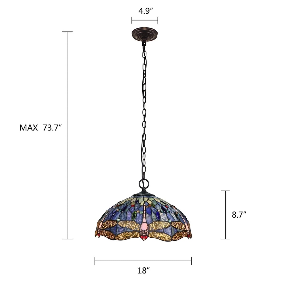 18" Stained Glass Blue Dragonfly Pendant Swag Ceiling Light - 8