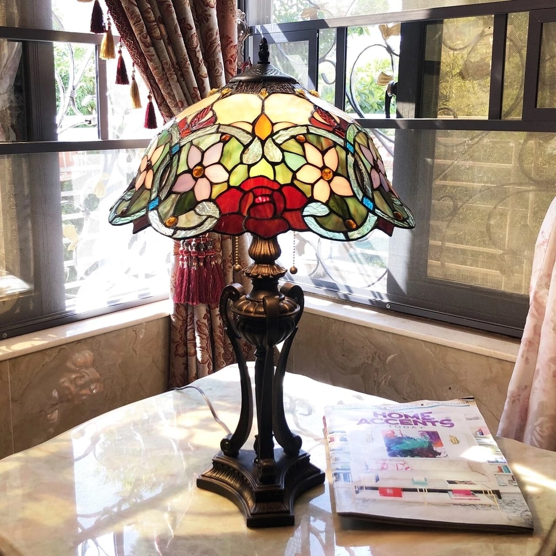 26" Stained Glass Rose Floral Table Lamp - 3