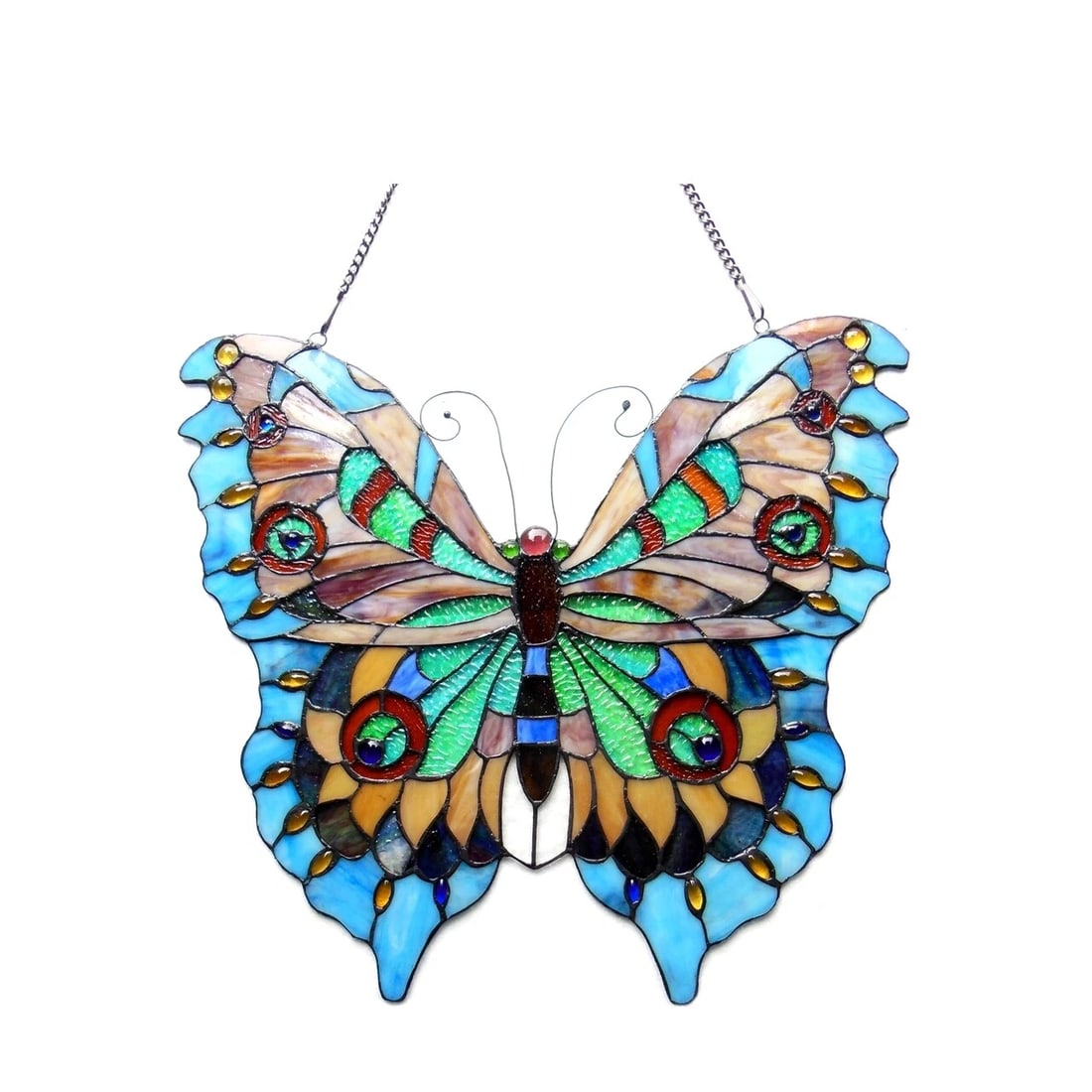 21" Blue Butterfly Stained Glass Window Hanging Panel Suncatcher - 2