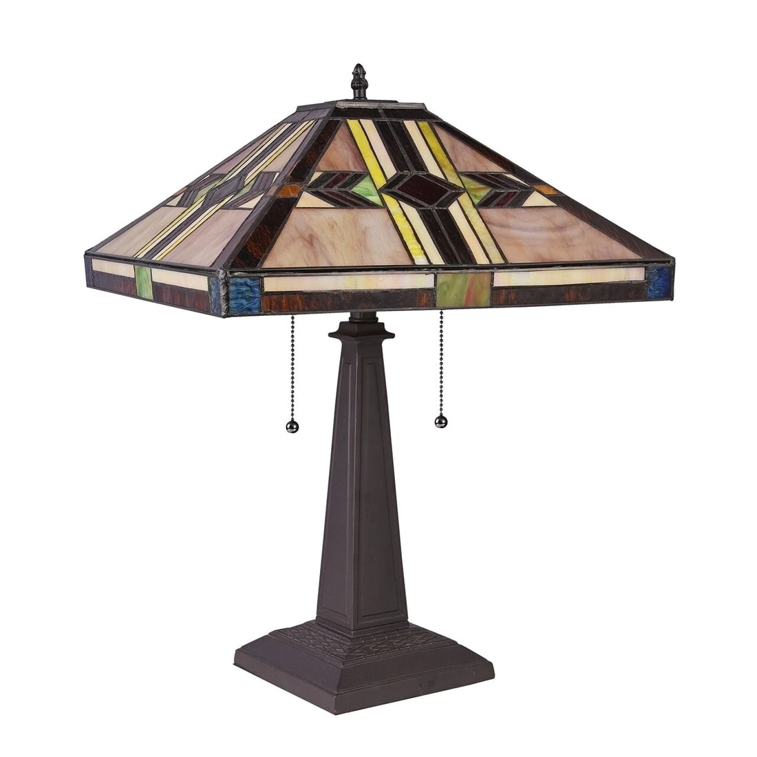 21.85" 2 Light Pull Chain Stained Glass Mission Table Lamp - 2