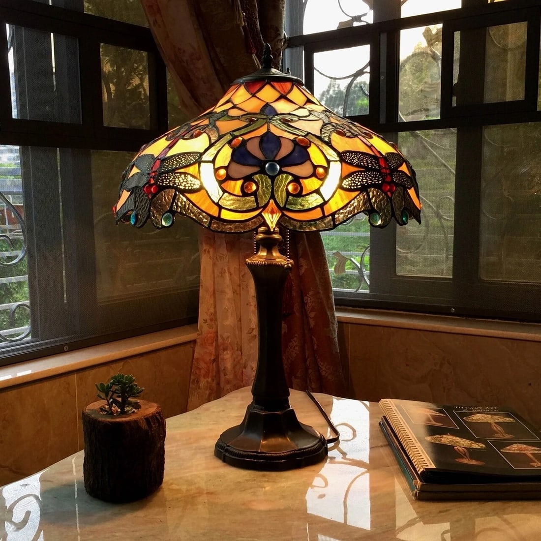 23" Stained Glass Amber Dragonfly Table Lamp - 3